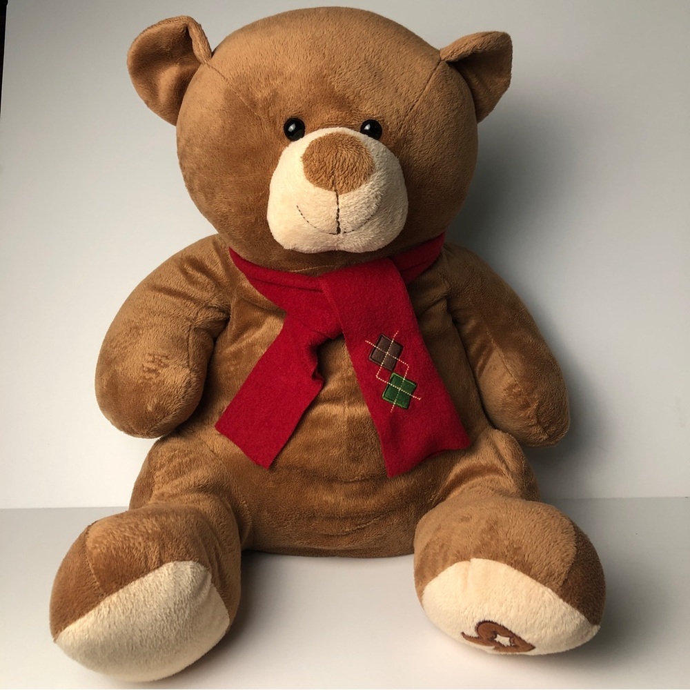 ToysRUs Toy Kids Stuffed Animal Teddy Bear Brown 24” Red Scarf Argyle Appliqué